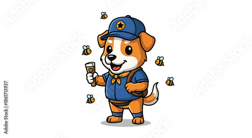 Charming orange and white dog wearing a blue cap and uniform with a yellow bandana, holding a small object and backpack, surrounded by flying bees, depicting a friendly beekeeper or scout character