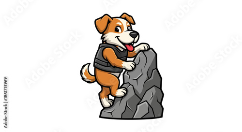 Cute dog climbing on a rock in a tactical vest, cartoon puppy explorer with tongue out, adorable canine adventurer reaching summit vector illustration