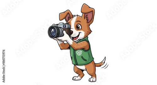Cute cartoon puppy photographer wearing green vest holding camera, happy brown and white dog character enjoying photography standing against white background