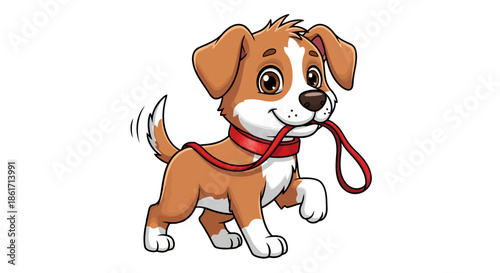 Happy cartoon puppy dog with brown and white fur holding red leash in its mouth, excited and ready for a walk, cute pet character illustration