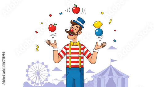 Jovial clown juggling apples and balls at colorful fairground with ferris wheel and tent