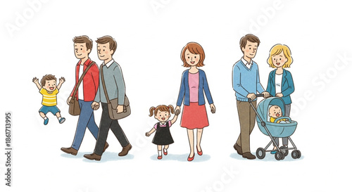 Vector illustration of happy, multi-ethnic families enjoying an outdoor walk together. Family lifestyle, parenting, and childhood moments in a simple hand-drawn cartoon style on white background.