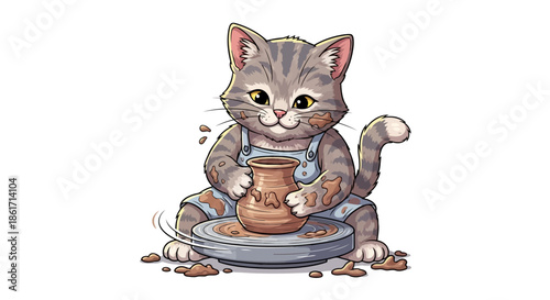 Cute tabby cat potter making a clay pot on a pottery wheel, pet artisan wearing overalls working with wet clay and mud splatters