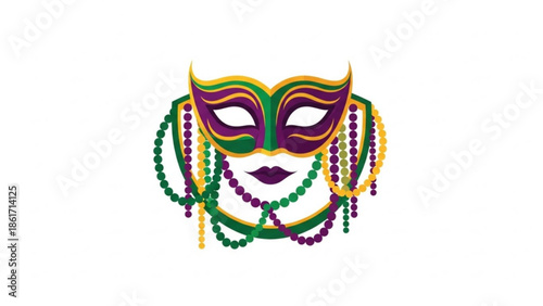 Vibrant mardi gras mask with colorful beads and purple lips on white background for festive celebrations and parties