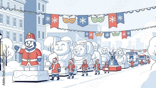 A cheerful winter festival scene with cartoon snowman, people, polar bears, and festive masks on colorful banners, snow covered buildings in background, lively and joyful