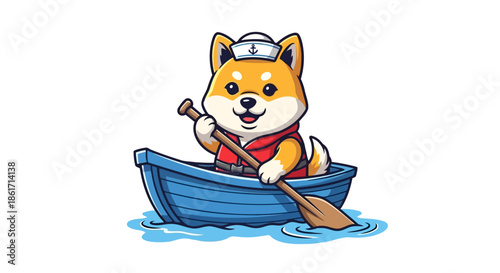 Cute cartoon shiba inu dog in a blue boat, adorable pet wearing a life vest and a sailor hat, paddling with an oar on water, white background