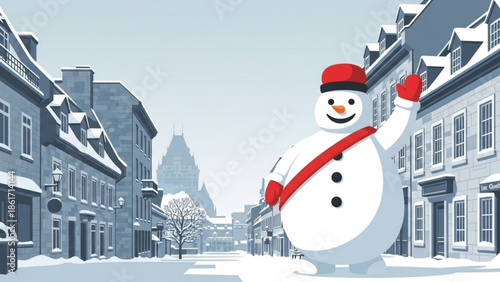 A cheerful snowman wearing a red hat and scarf stands in a snowy city street with historic buildings