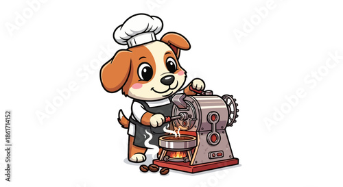 Adorable brown and white puppy wearing a chef hat and apron, roasting coffee beans in a vintage roaster with flames and steam