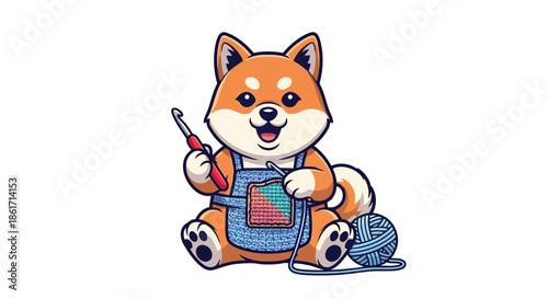 Cute cartoon shiba inu dog sitting and crocheting with yarn and a hook, creating a colorful blanket or fabric with focused expression