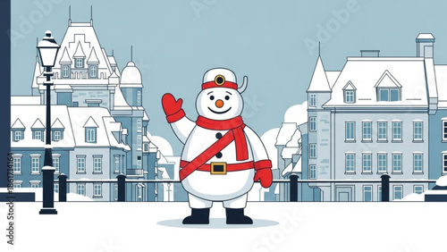 A cheerful snowman in red scarf and hat waving in a snowy cityscape with buildings and street lamp