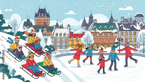 People ice skating and sledding in snowy city with historic buildings and snowfall, winter fun and recreation concept
