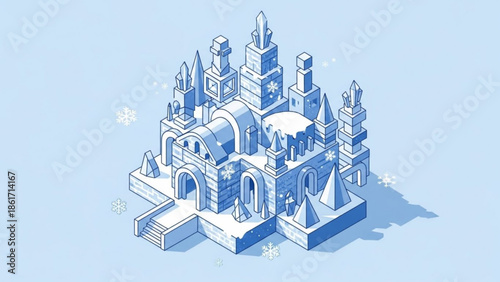 Snowy castle with towers and arches on light blue background with snowflakes, winter wonderland scene with ice palace