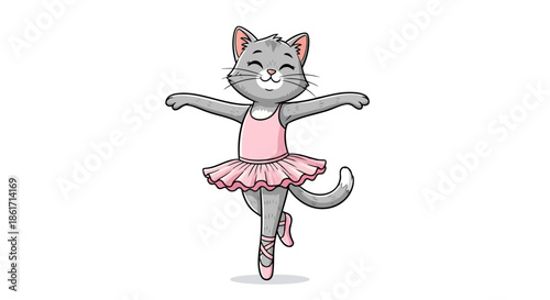 Cute cartoon gray cat dressed as ballerina performing dance, graceful feline dancer in tutu and pointe shoes on white background, elegant animal ballerina