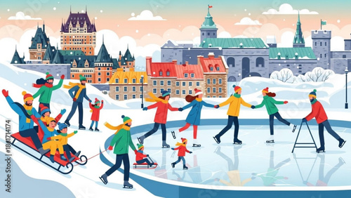 People ice skating and sledding in front of buildings on a snowy day with clouds