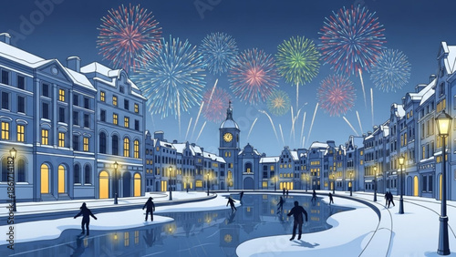 People ice skating on frozen pond in snowy city square with fireworks display at night