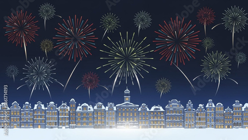 Fireworks exploding over snow covered buildings at night, colorful display in dark sky, celebration and festivity concept