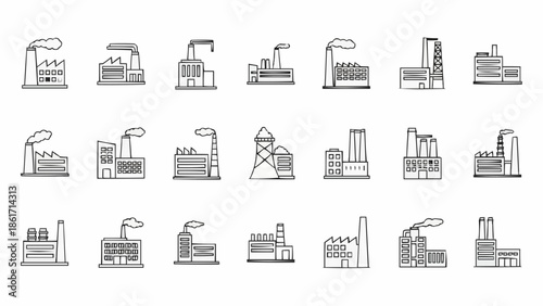 Collection of Industrial Factory Buildings and Structures Line Art Icons.