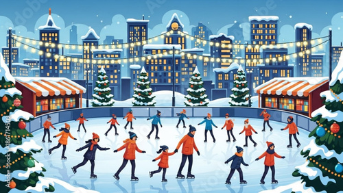 People ice skating on outdoor rink in city during winter holiday season with festive lights and decorations around, snow covered buildings in background