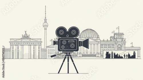 Film camera on tripod in front of berlin cityscape with iconic landmarks like brandenburg gate and berlin tv tower, cinematic view
