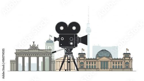 Film camera on tripod in front of famous berlin landmarks like brandenburg gate and reichstag building with modern tv tower, cinematic cityscape illustration
