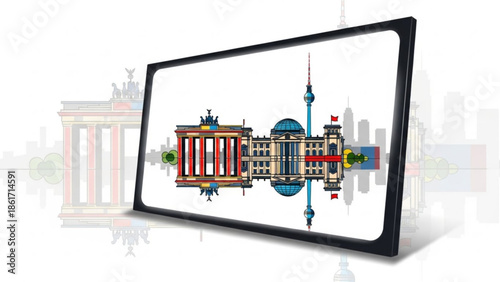 Colorful cityscape with famous landmarks on a tablet screen, urban travel concept with iconic buildings and monuments, tourism and architecture design