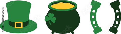 St patrick's day symbols leprechaun hat pot of gold and horseshoe