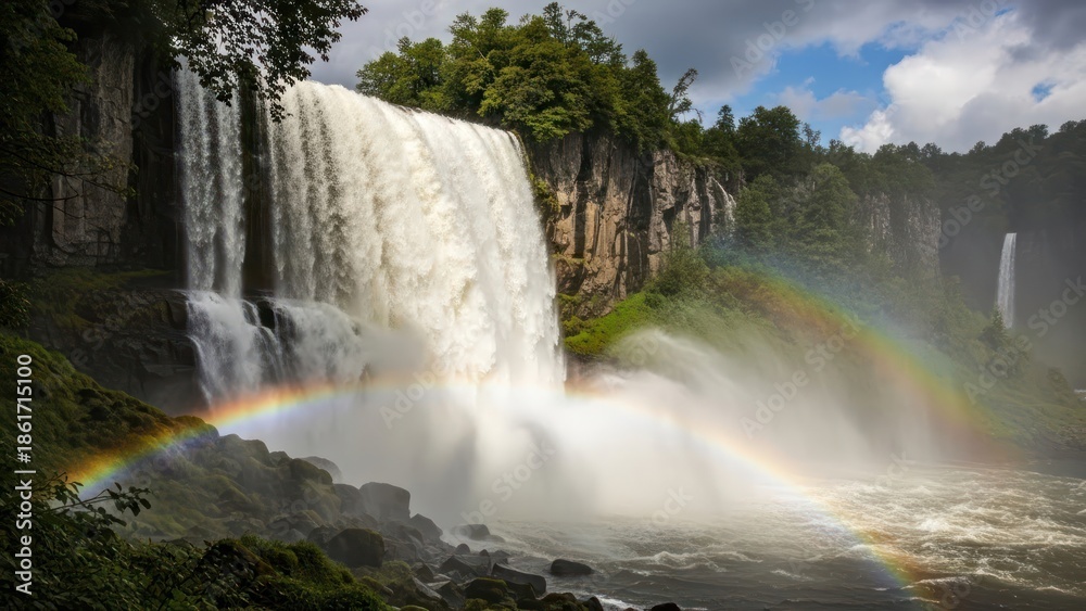 Fototapeta premium Majestic waterfall cascading down rocky cliffs creating a vibrant rainbow of colors