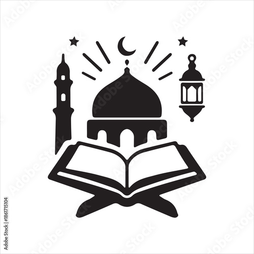 Islamic religious icon silhouette with open quran,mosque, dome,minaret and traditional lantern