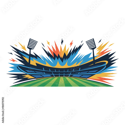 Modern Cricket Stadium Vector Illustration with Abstract Energy Burst