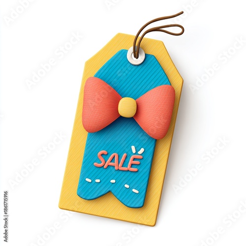 A colorful sale tag with a bow on a white background