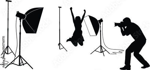 Photography studio silhouette scene, photographer shooting jumping model, professional lighting equipment, black vector illustration, creative photoshoot, fashion, action concept