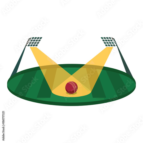 Cricket Ball on Stadium Pitch with Bright Floodlights Illustration