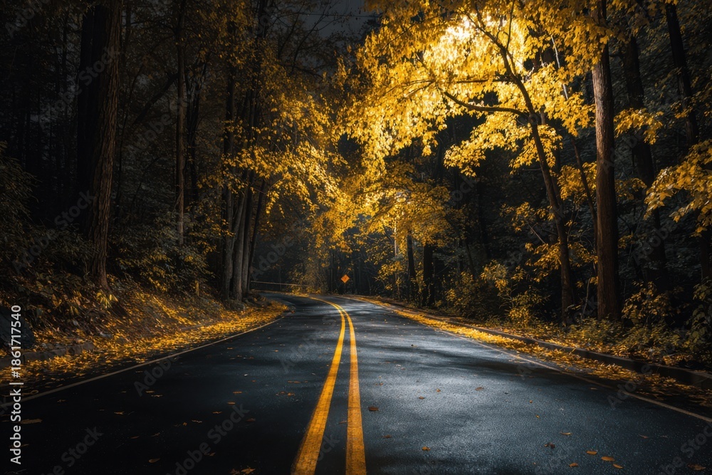 Fototapeta premium Autumn road with yellow leaves and double yellow lines 1