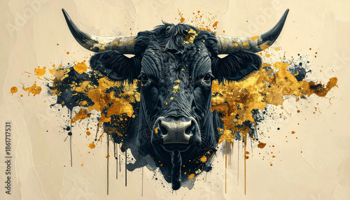 Bull head ink illustration with modern gold leaf splatter accents, textured background, dramatic artistic style, powerful and bold animal portrait, creative energy