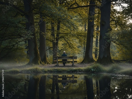 Man sitting alone on bench in misty forest by water