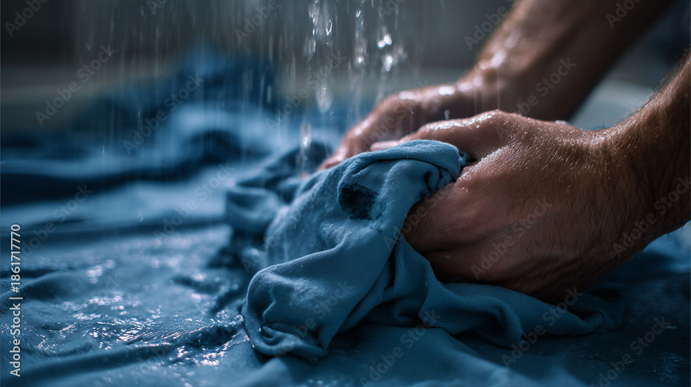Fototapeta premium Close-up of hands washing a blue shirt under running water, highlighting household chores, hygiene, and the care involved in cleaning clothes at home.