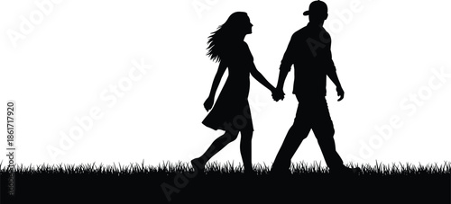 Romantic couple silhouette walking together outdoors, man and woman holding hands, love, relationship, romance, freedom, lifestyle, togetherness concept