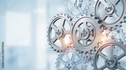 Business Strategy and Growth, Depicted by Interlocking Gears Symbolizing Financial Planning, Data, and Professional Partnership.
