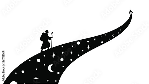 Solitary traveler with backpack and staff embarks on a cosmic journey towards a bright future.