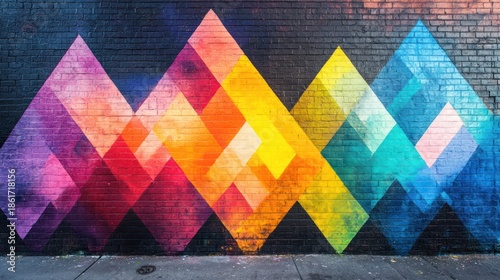 Colorful geometric mural on brick wall