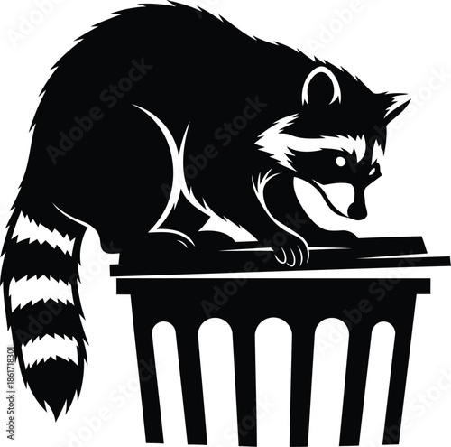 Mischievous raccoon mascot searching in a garbage can illustration
