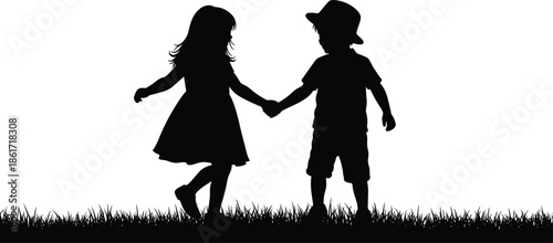 Silhouette of children holding hands walking on grass, childhood friendship, innocence, togetherness, love, family bond, outdoor play, minimal background concept