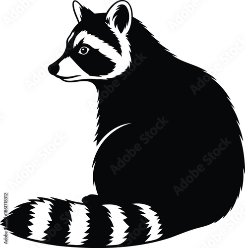 Stylized Raccoon Illustration in Black and White Silhouette