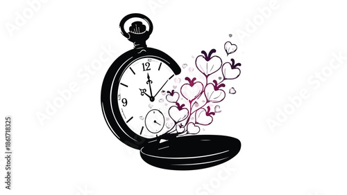 Whimsical pocket watch with hearts and vines escaping, symbolizing love and time.