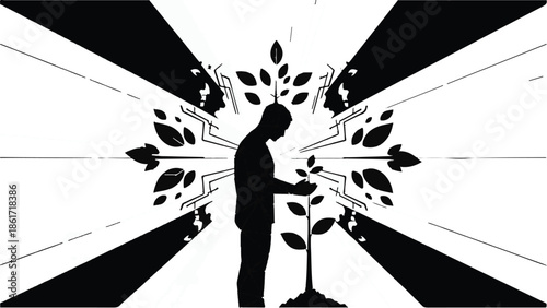 Man nurturing a growing plant, symbolizing personal growth and innovation.