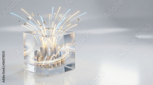 Financial Growth Strategy, Data Streams Erupting from a Transparent Cube, Illuminating a Bright Professional Background