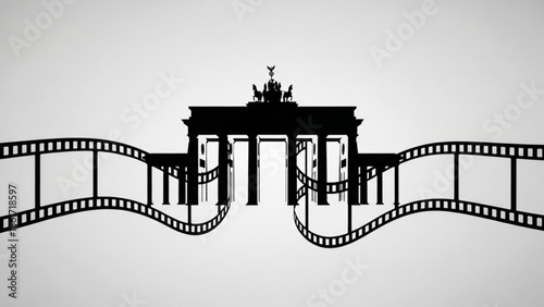Black silhouette of iconic brandenburg gate with wavy film strip in front, berlin germany landmark symbolizing cinema and history