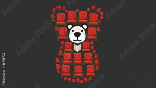 A bear shaped arrangement of red movie theater seats with a white bear face in the center on a dark background for film or entertainment concepts