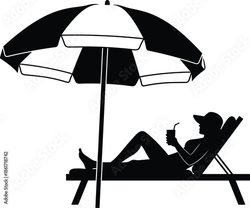 Silhouette person relaxing on beach chair under umbrella, summer vacation, leisure lifestyle, tropical отдых, relaxation concept, outdoor отдых