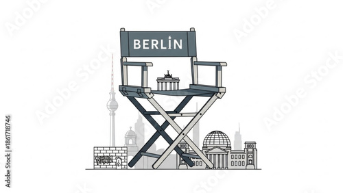 Berlin city skyline with director chair and famous landmarks in the background, illustration of travel and tourism concept with iconic buildings
